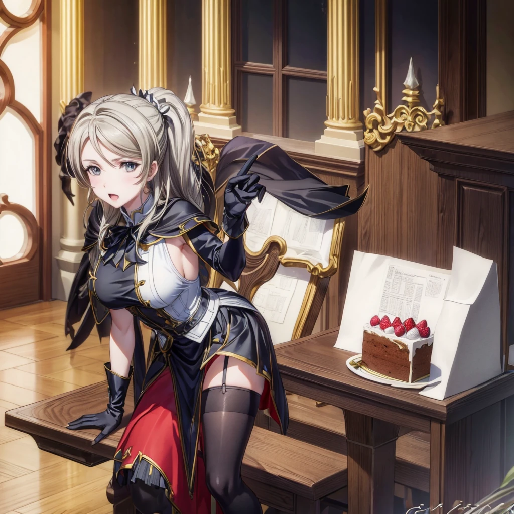 masterpiece, best quality,, GBF Date, Black Gloves, Black over-the-knee stockings, cape, Drawing, Gray hair, trumpet, Large Breasts, Long hair, Pointed ears, mini skirt, Red Skirt,, indoor, cake, Happy, Close your eyes