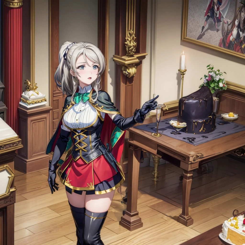 masterpiece, best quality,, GBF Date, Black Gloves, Black over-the-knee stockings, cape, Drawing, Gray hair, trumpet, Large Breasts, Long hair, Pointed ears, mini skirt, Red Skirt,, indoor, cake, Happy, Close your eyes