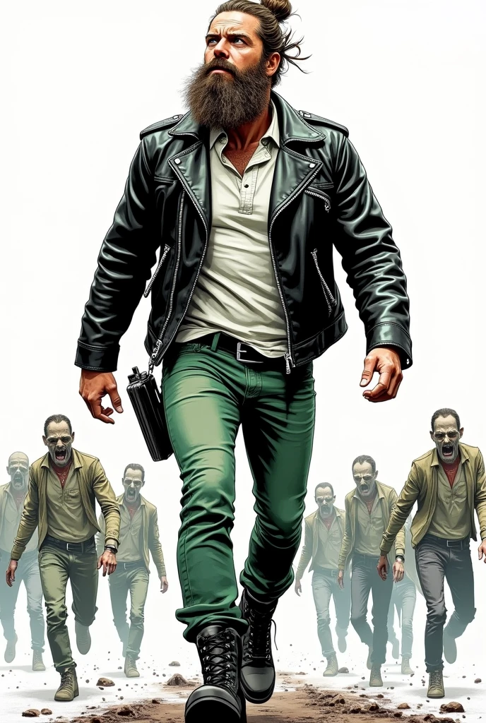 Create a comic book style drawing, bright coloured, high qualiy, a 35-year-old white man, 85 kilos, medium size, Long hair tied up, barba, black leather jacket, white undershirt, green jeans, Black boots, tema apocalipse zumbi estilo The Walking Dead, perspective drawing action scene, white background, fully body