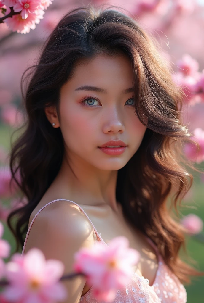 Asian with extremely fair skin, with curly hair and blue eyes