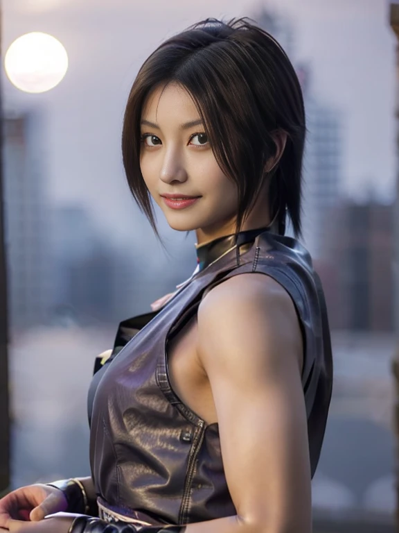 20 year old Japanese beauty，One woman、Muscular body like a bodybuilder、Emphasize the breasts、Slit eyes、A head-to-toe view，Bust is very very large、Full moon night in the background、High quality photos、Clear, crisp images of the lower body、Masterpiece 8k、Smiling、Throwing a shuriken with the right hand、From the front, from the side, from the back, etc.々from what camera angle to shoot、A ninja costume of purplish-red color