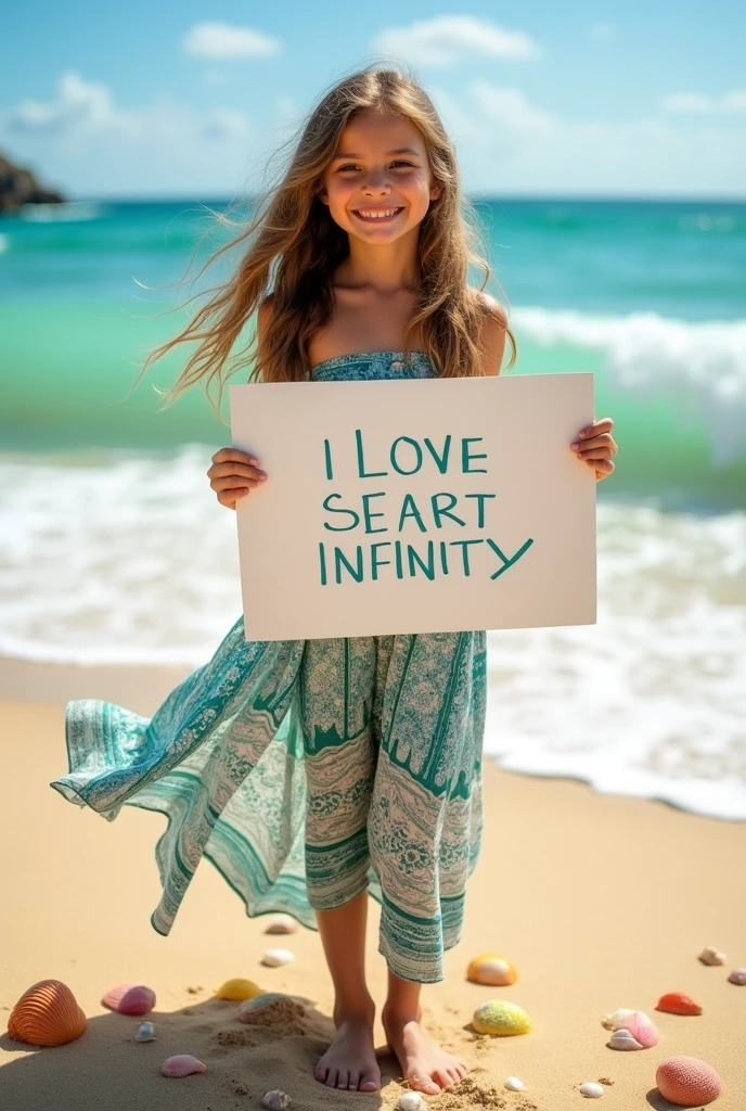Beautiful girl with wavy long hair, bohemian dress, holding a white board with text "I Love Seaart Infinity" and showing it to the viewer