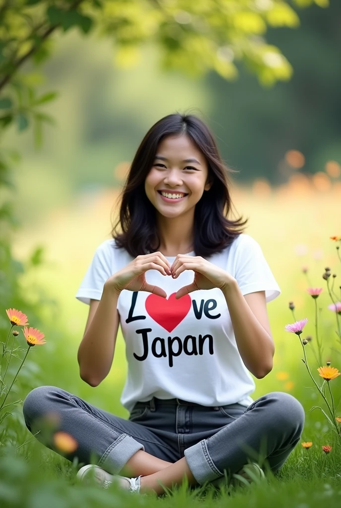 Indonesian woman with shoulder length black brown hair,smile,wearing a white T-shirt with writing"love Japan" gray jeans,sitting on the grass,finger gestures love,natural