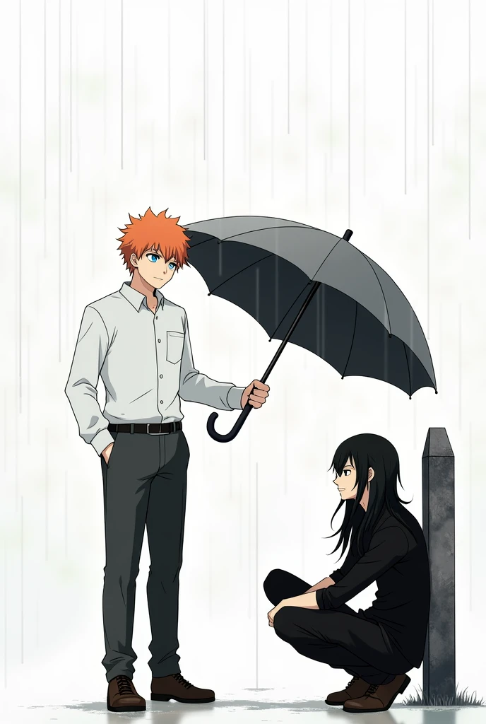 A guy with long black hair, gray eyes, Beautiful face, beautiful body, He sits leaning against a tombstone, It's raining, sad, a guy with orange hair and blue eyes next to him, Beautiful face, beautiful body, holding a gray umbrella over him, anime art, realistically, super detail, masterpiece