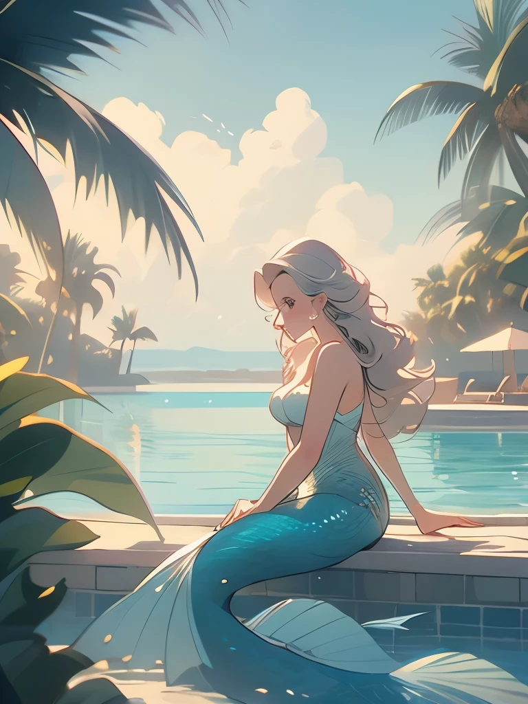 painting of a mermaid swimming in a pool with a palm tree, relaxing concept art, mermaid in distance, disney concept art :: nixri, beautiful mermaid, 🌺 cgsociety, a mermaid in the sea, mermaid, mermaids in distance, dreamy illustration, by Nicholas Marsicano, little mermaid, by Jean Crotti, mermaid tail, loish |, in the sea