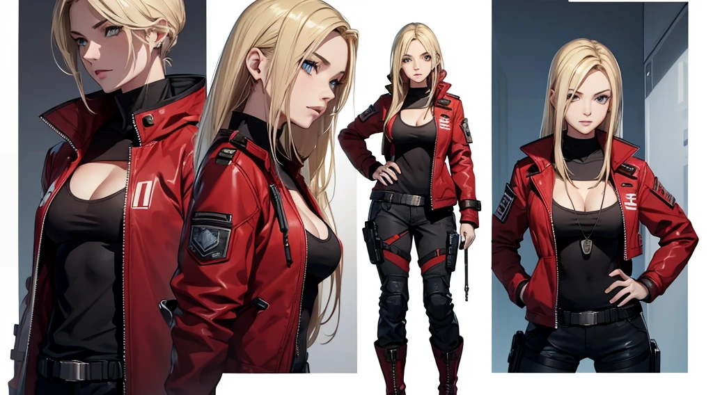 1 woman, 20 years old, long blonde hair, tall boots, futuristic red jacket, tank top, cleavage, military pants, tech equipment, Jill valentine, dog tag, full body, white background