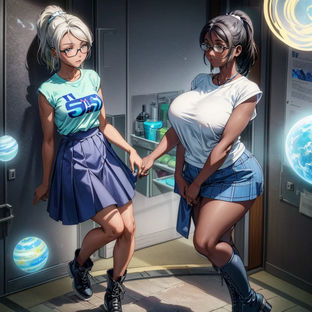 1 girl with dark skin, Small Breasts, Wearing thick-framed glasses，Highlights her facial features, short hair, Ponytail and Gray, Silver shirt, Underneath the shirt she was wearing another tight shirt, Vivid details and colors，Reminiscent of stars and planets in outer space, And a blue skirt and a pair of non-slip high boots,