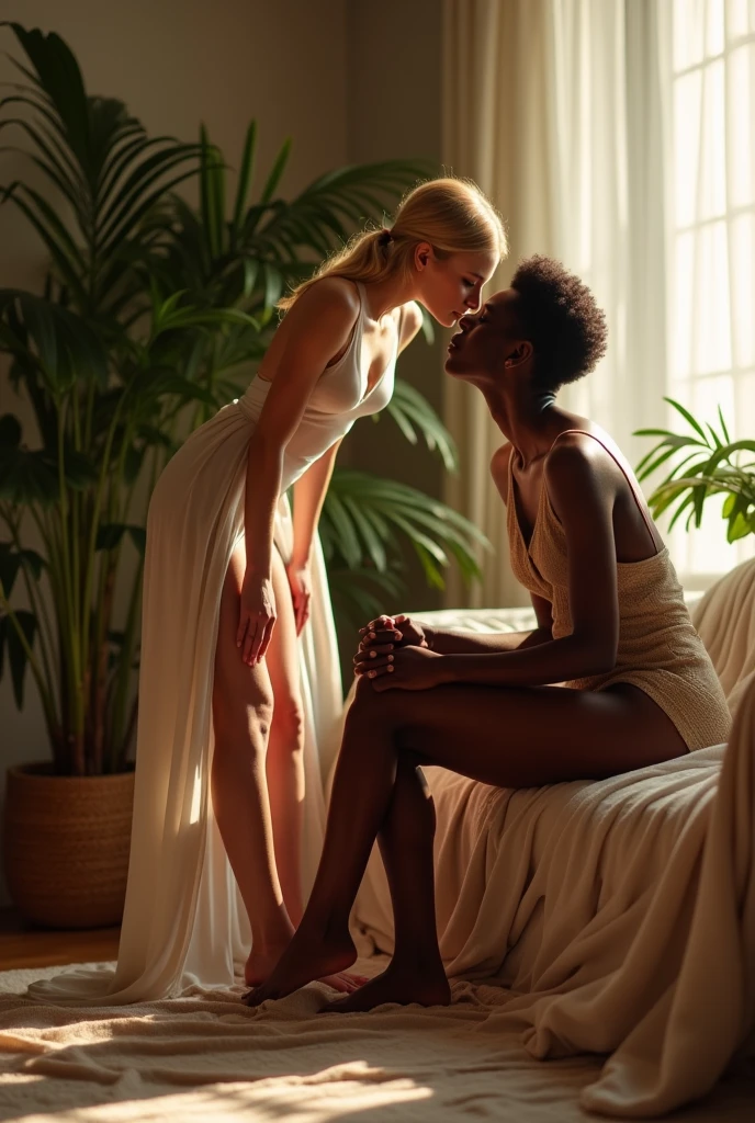 Very tall, skinny, blonde white woman with very skinny arms kiss black woman feet