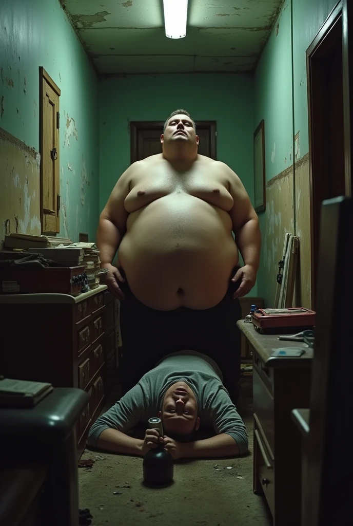 A man crushed by a fat man with his belly exposed in a narrow room.