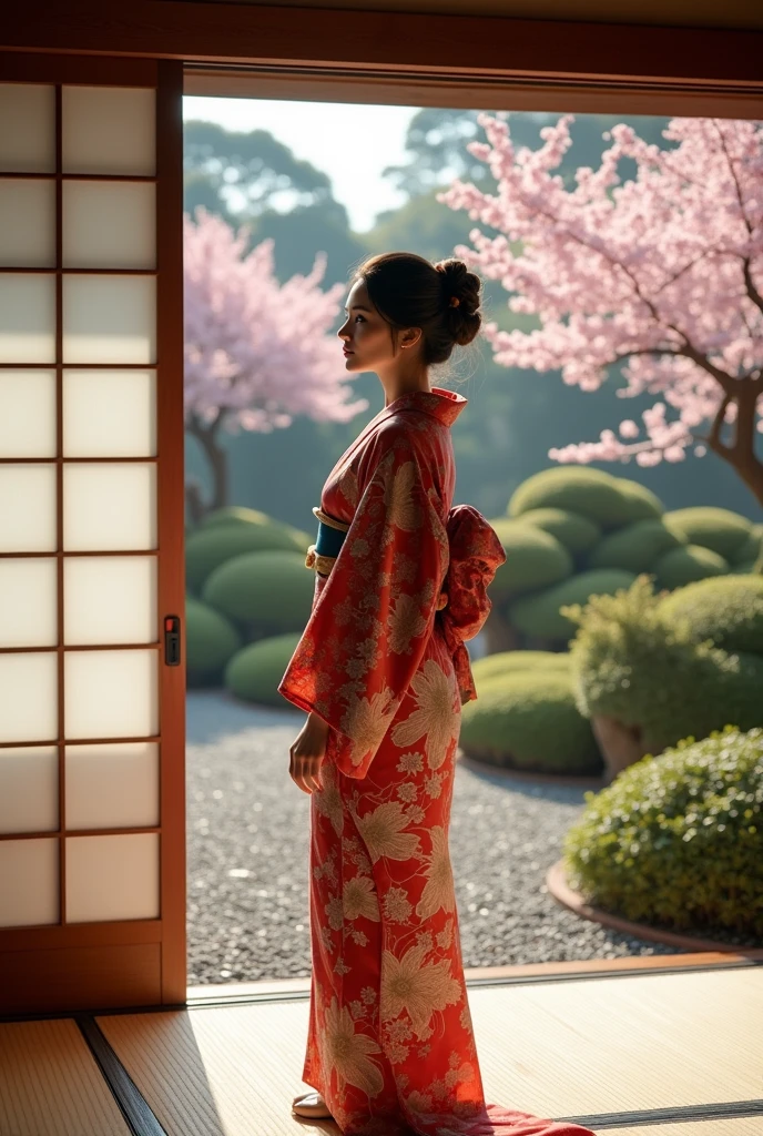 She is 40 years old, very beautiful and glamorous. She is standing by the window of a Japanese-style room in a Japanese garden, wearing a beautiful Japanese kimono.。Very large, pendulous breasts、a perfect glamorous mature woman's proportions、super realistic mature's body and skin,very huge sagging tits,very glamorous figure,dark brunette straight japanese bun hair,