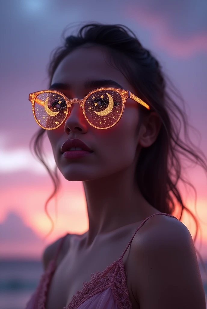 The model is wearing glass sunglasses with stars and the moon on the glass