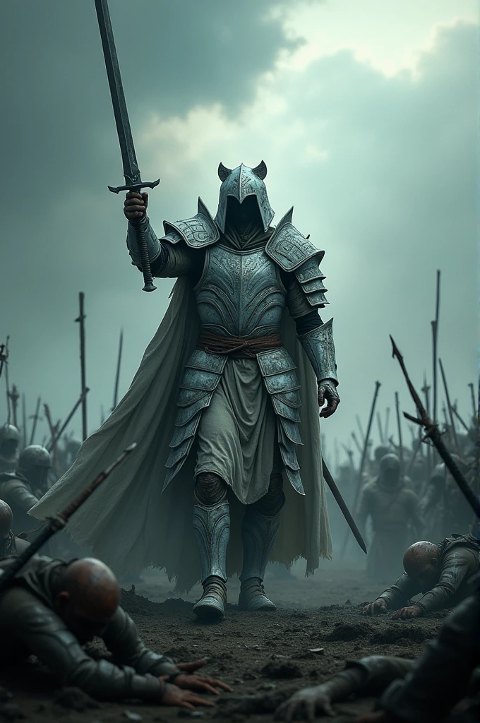 I'm in action and I am the White Tiger Warrior. My armor and my sword are stained with the blood of the enemy. In action on a battlefield. , everyone looks exhausted trying to defend themselves and not die , real very real 48k high contrast gothic horror light photo rules unique piece