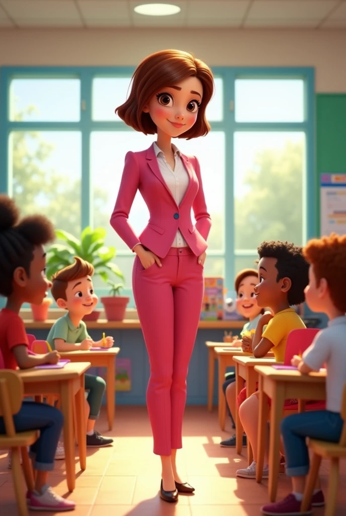Disney Pixar style image of a beautiful tall teacher, slim, white tea, very short, chestnut colored hair, big brown eyes, with pink suit and white shirt, pink high heel shoes, with students, in a nice classroom