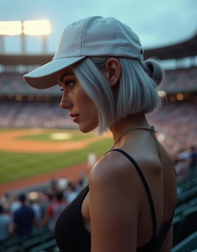 (RAW photo, best quality, masterpiece: 1.2), (photorealistic: 1.4), best lighting, 20 years old, (light gray hair, short bob cut, hair in 7 thirds, hair over one ear, Symmetrical eyes, fair skin, solo, Detailed Skin, Detailed Background:1.2),　Watching a game in the stands at a baseball stadium, many spectators behind, white baseball cap, black tight tank top, large breasts, accessories, ponytail, evening