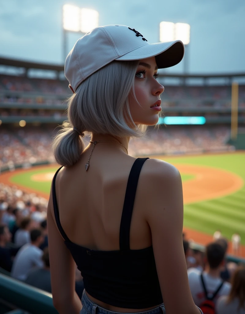 (RAW photo, best quality, masterpiece: 1.2), (photorealistic: 1.4), best lighting, 20 years old, (light gray hair, short bob cut, hair in 7 thirds, hair over one ear, Symmetrical eyes, fair skin, solo, Detailed Skin, Detailed Background:1.2), Watching a game in the stands at a baseball stadium, many spectators behind, white baseball cap, black tight tank top, large breasts, accessories, ponytail, evening