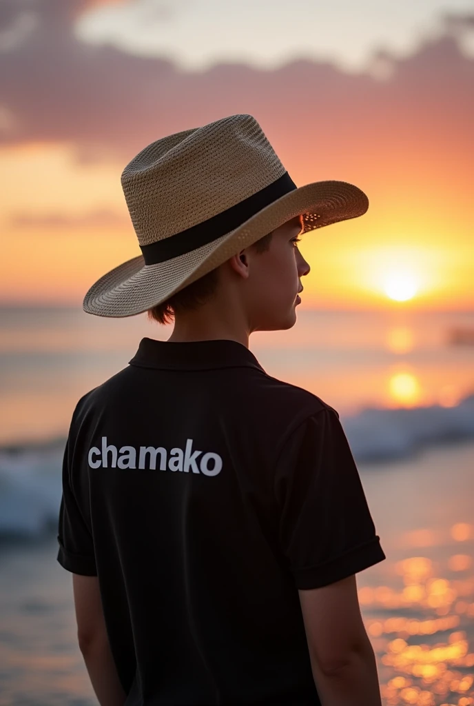 A photo of a 17-year-old boy in the straw hat, with a sunset looking towards the sea, with a black polo that says chamako on the back, and a black cap