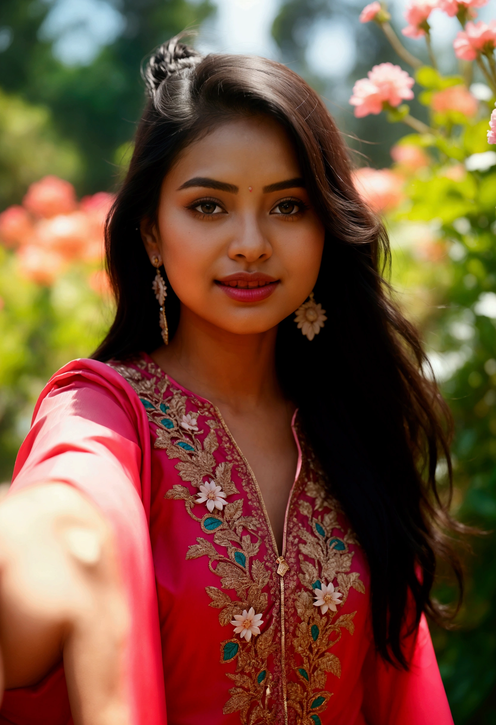two women in pink and black outfits walking down a path, candid, on set, on location, light pink tonalities, pink, wearing an elegant tribal outfit, lookbook, portrait shot, cropped shirt with jacket, ad image, pink and black, indian style, beautiful aesthetic, monochrome, in background, assamese aesthetic, inspiration, fanart, symmetric!!