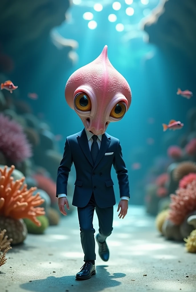 Cute baby squid with funny giant head wearing muscular business suit in realistic full body fashion show