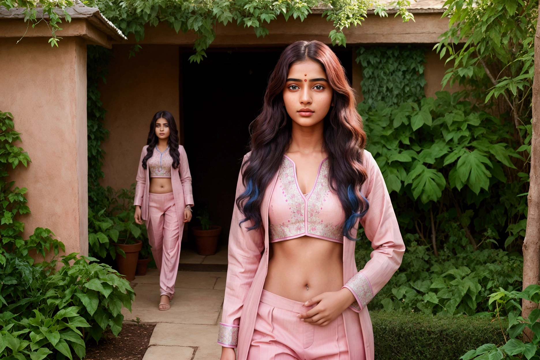 Create a natural Indian attractive beautiful girl with 15 year old girl wearing a Indian pink suit and she walked in the garden her hair is strait and his eyes light blue colour ultra realistic image with 8k