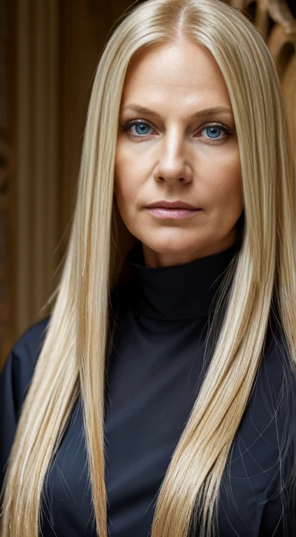 (masterpiece, best quality:1.4), portrait Solo, 50 years old, Pure blond straight hair, (long hair) (((straight hair))), Detailed hair, Blue Eyes, beautiful eyes, light on the face, pale skin, a 50 year old mysterious, dark, woman, nun, naked full body, show pussy, show tits