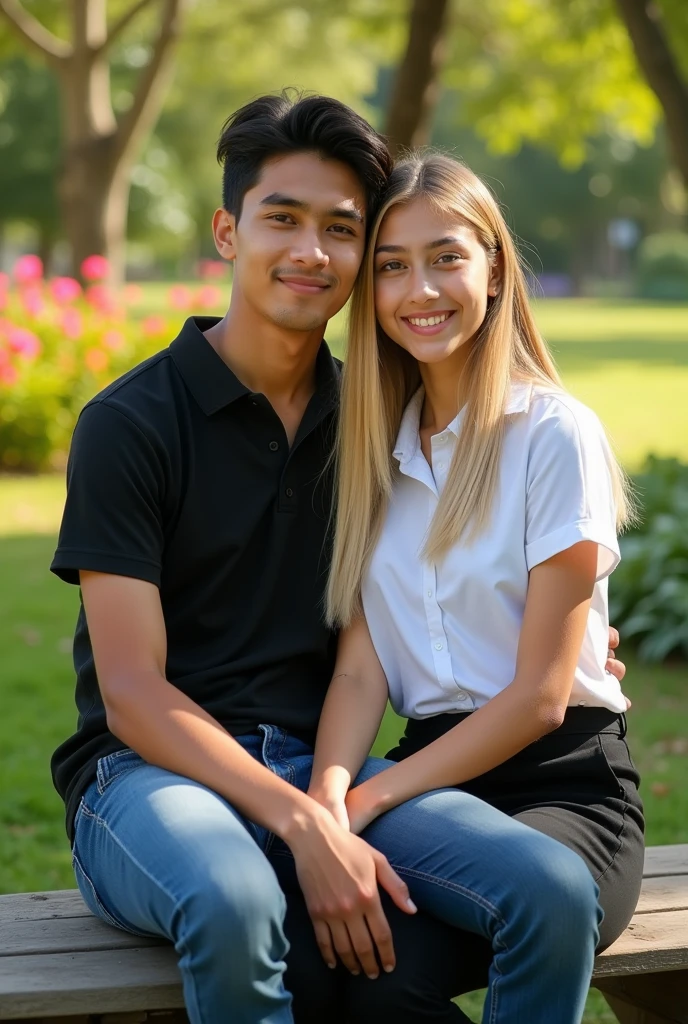 
An 19 year old Indian school blonde girl wearing a school white shirt black court uniform is sitting on the lap of an 17 year old Indian boy wearing a black shirt and jeans in an Indian park. Both are looking directly at the camera. The atmosphere around is love realistic picture 