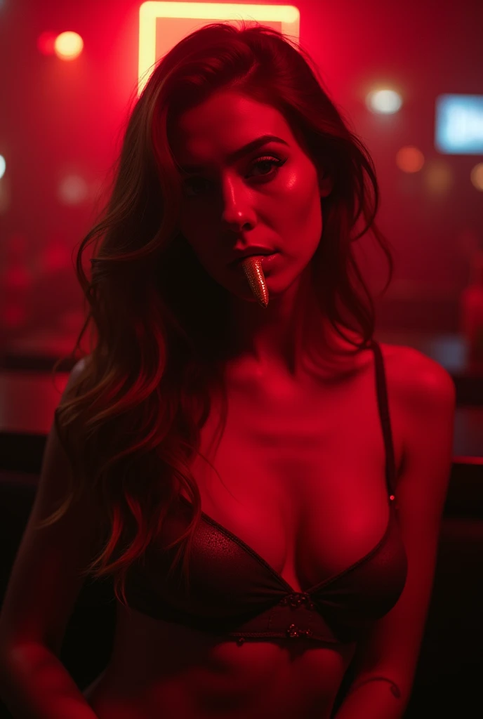 Realistic woman in a nightclub without clothes and big breasts with a penis in her mouth
