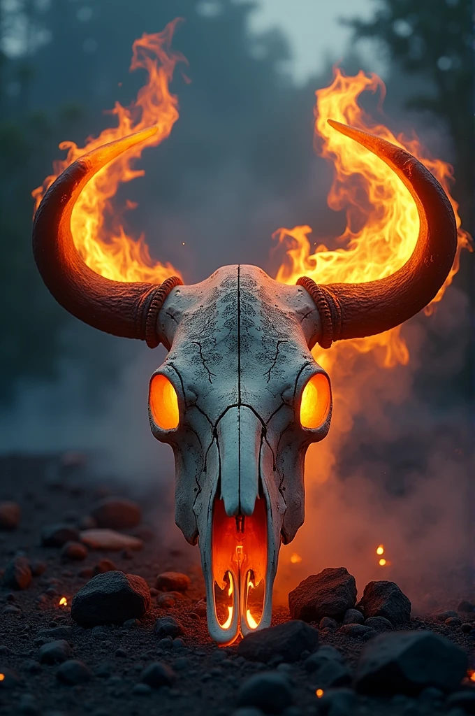 a bull's skull with its horns on fire