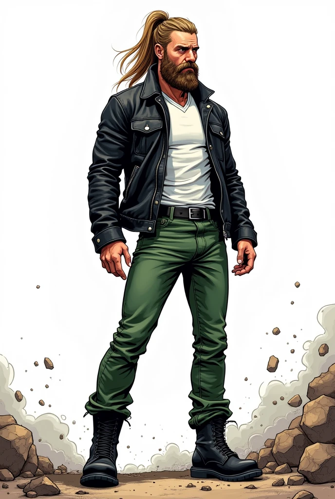 Create a comic book style drawing, bright coloured, high qualiy, a 35-year-old white man, 85 kilos, medium size, Long hair tied up, barba, black leather jacket, white undershirt, green jeans, Black boots, Apocalypse theme, perspective drawing action scene, white background, fully body