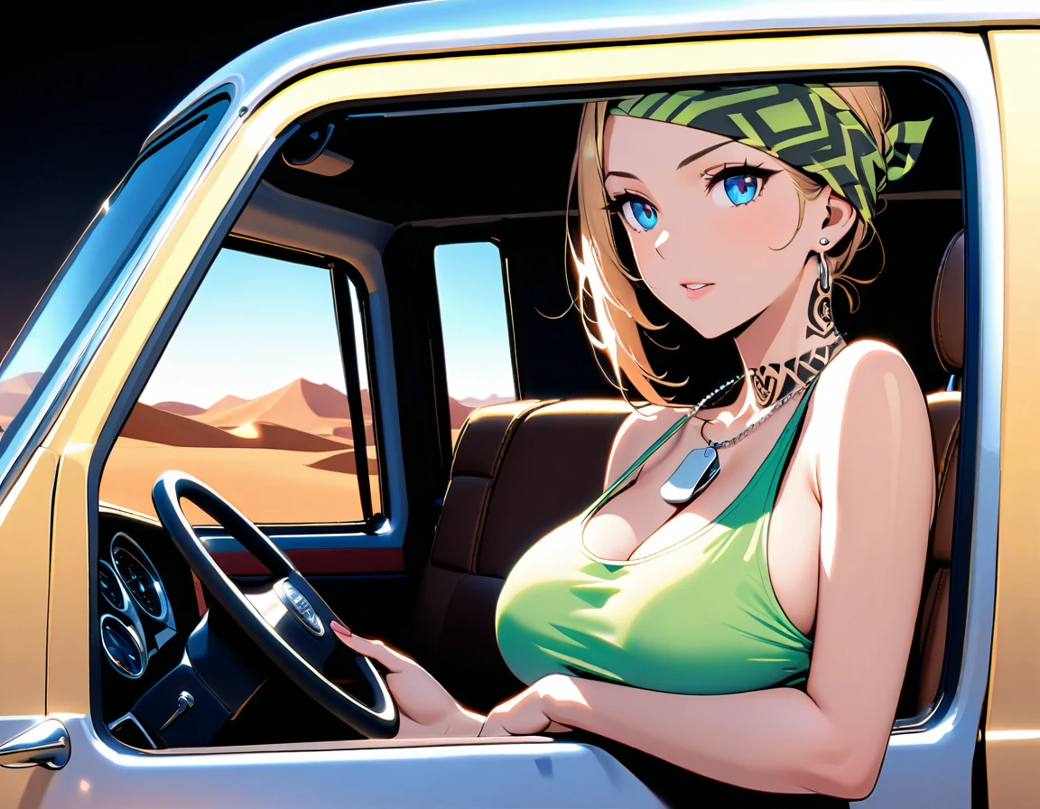 A shot from the side of the driver's seat, as a massive truck thunders through Arizona's white wilderness. A mature woman, exuding confidence and rugged charm, grips the wheel with one hand while giving a thumbs-up with her left hand stretched out from the left window. Her piercing blue eyes, narrowed by the strong sunlight, peer out from beneath mirrored sunglasses perched on her forehead. The arrogant glint of a cigarette dangles from her mouth as she commands the road. A Bandana adorns her forehead, featuring a white skull pirate mark on a black background, complemented by black tribal tattoos that cascade down her neck and shoulders. Her worn moss green tank top showcases her ample breasts, while a dog tag hangs around her neck. The truck's rugged body and flashy decorations are matched only by the beauty of the mature woman behind the wheel, with her striking features illuminated by the bright desert sun.