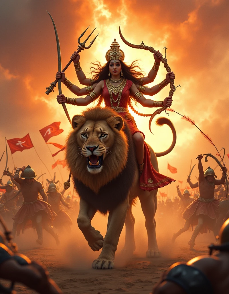 Create a powerful image of Goddess Durga riding a lion, with her multiple arms holding various weapons, and a backdrop of a dynamic and intricate battlefield scene."