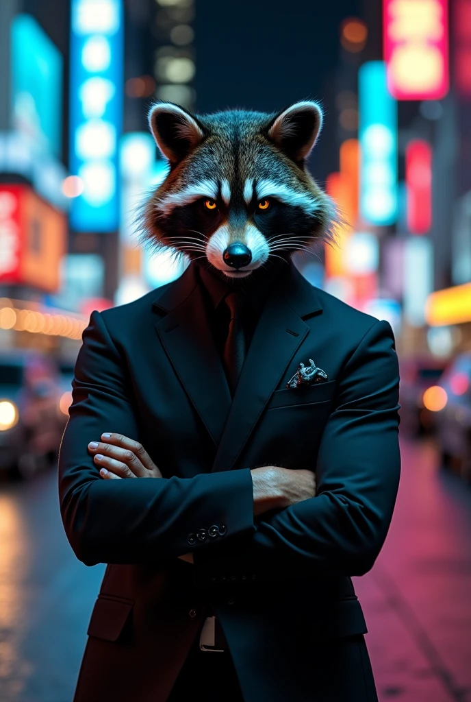 A GTA male character wearing a raccoon mask and a black suit