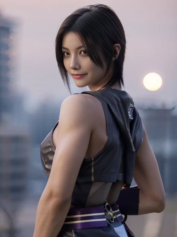20 year old Japanese beauty，One woman、Muscular body like a bodybuilder、Emphasize the breasts、Slit eyes、A head-to-toe view，Bust is very very large、Full moon night in the background、High quality photos、Clear, crisp images of the lower body、Masterpiece 8k、Smiling、Throwing a shuriken with the right hand、From the front, from the side, from the back, etc.々from what camera angle to shoot、A ninja costume of purplish-red color