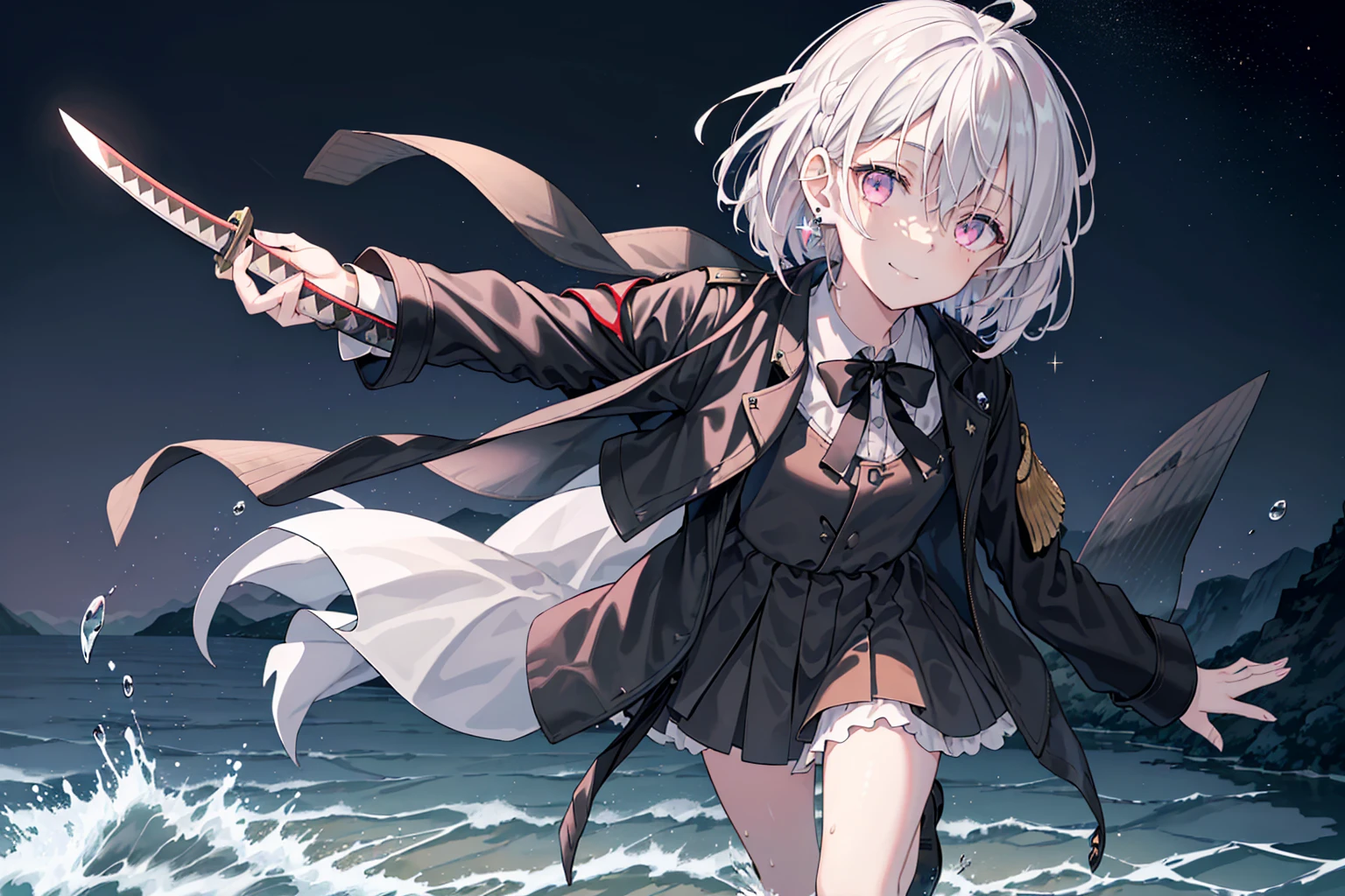(best quality), (top-quality), (hight resolution), 8K images, (masterpiece), ((perfect face)),Light skin, (((1girl))), ((((solo)))), beautiful fantasy anime, top rated on pixiv, (short hair), braided bangs, (expressive eyes), (perfect eyes), ((light_pink eyes)), (((flat chest))), perfect face, smiling crazy, (white hair:1.3), earrings, white collar shirt, (red bow:1.2), (black long military jacket:1.6), (delicate facial feature:1.5), star hair ornament, vintage style, starry night, fantasy, modern art, cool light --ar 3:2, (wide shot), (lots of beautiful and delicate water:1.4), standing among the river, (holding a katana:1.3), crystal river, (water with a lot of precious gems), (full body like), night sky with a lot of stars, sparkle background:1.4, High definition RAW color art, ultra detailed sunset sky, full body like, magic circles with complex geometric patterns