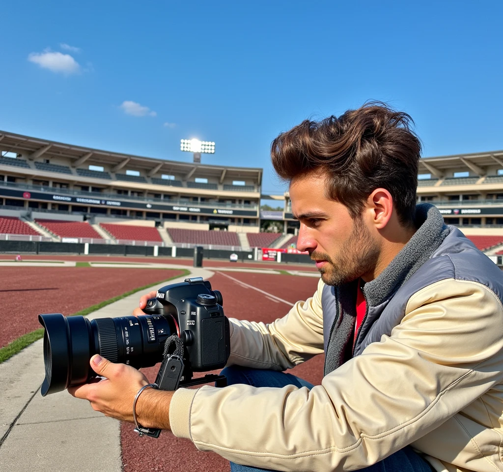 The image is a portrait-oriented photograph capturing the profile of a man engaged in photography. The man has a fair complexion and his hair is styled upwards, suggesting a casual yet attentive demeanor. He is holding a professional DSLR camera, which is black with visible brand markings, indicating its use for high-quality photography. The camera's lens is extended, ready to capture a moment. His attire consists of a gray jacket with a red collar, adding a touch of color to his outfit. The background is blurred, emphasizing the focus on the subject, but it appears to be an outdoor setting with a hint of stadium lights and a clear sky, suggesting that the photo may have been taken at dusk or dawn.