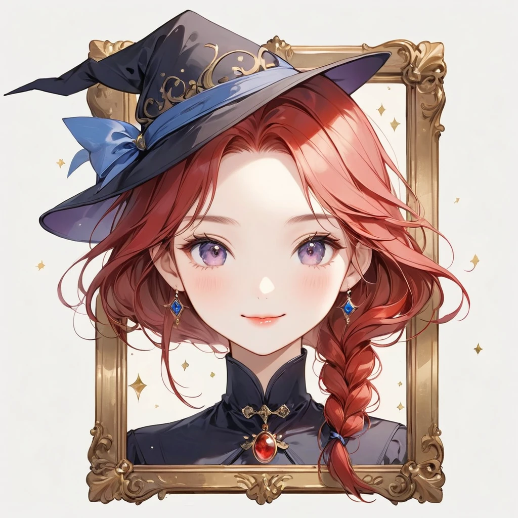 (Blank Background:2),(White background:2), (No background:2),1 female、Around 20 years old、human、(whole body:1.5)、(((Draw within the frame、Draw to fit within the canvas)))、Abstract art, (((The most beautiful girl of all time))), Cute Face. Lips in Love, Stylish design、witch、witchの服装、witchの帽子、Small hat、Smile、Tarot card style、antique、antique調、antiqueデザイン、Picture Frame、Different women、Red Hair、Long Hair、Change clothes、