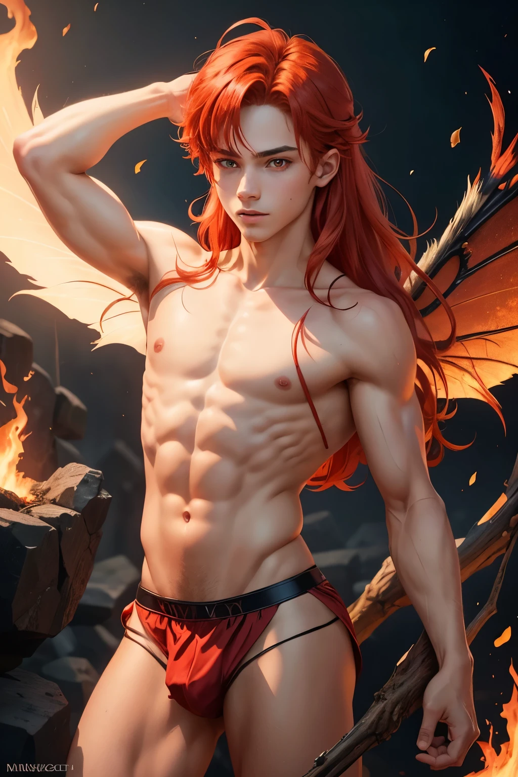 1boy, young male, , fairy, innocent face, cute face, youthful face, red eyes, fairy wings, red fairy wings, fire wings, long hair, red hair, fire hair, muscular, short, sexy, skimpy, jockstrap, loincloth, fire, knight, warlock