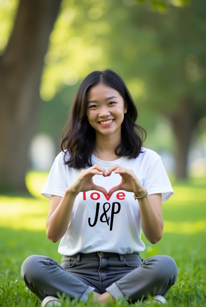 Indonesian woman with shoulder length black brown hair,smile,wearing a white T-shirt with writing"love J&p" gray jeans,sitting on the grass,finger gestures love,natural