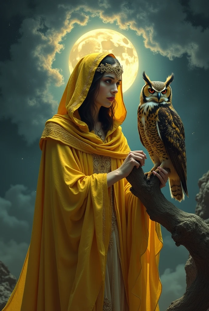 The Holy Death wearing a golden cape that covers her whole body and crown and an owl right next to her