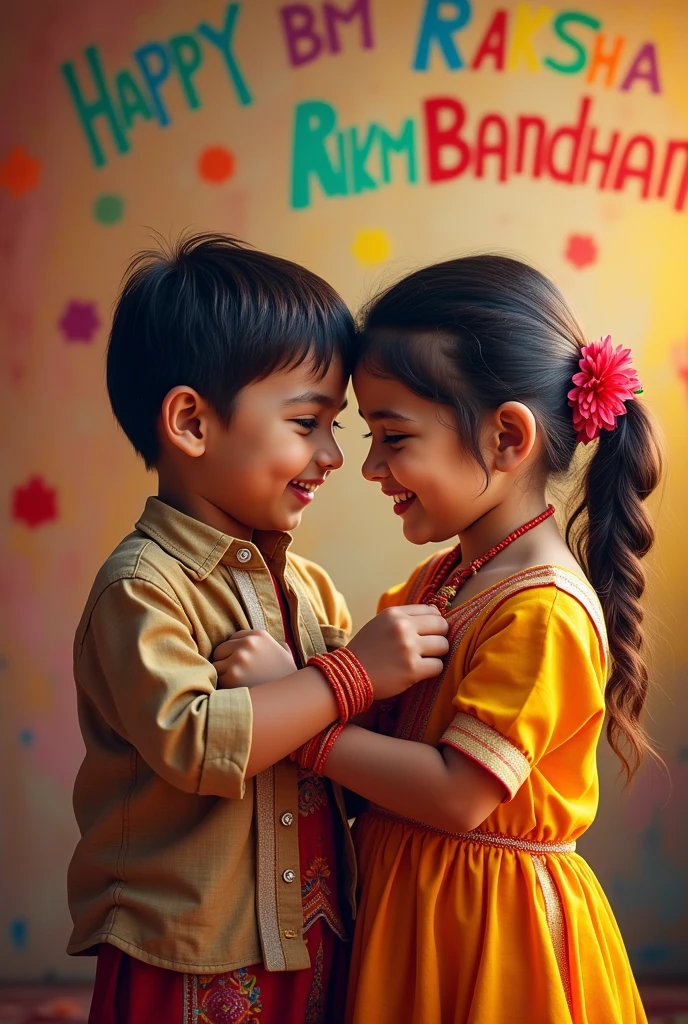 Create a hyper realistic picture of boy and girl the girl is wearing the boy s hand rakhi his background is colouring and written on the wall Happy Raksha Bandhan.