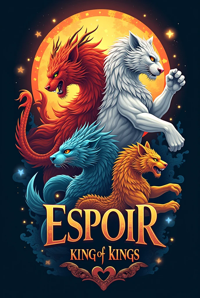 Team logo、The name is ESPOIR、Subtitle: KING OF KINGS、The font is cool.、Character Suzaku、White Tiger、Qinglong、Xuanwu