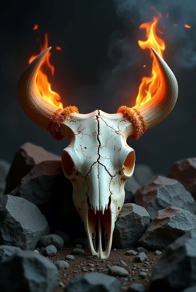 a bull's skull with the tips of its horns on fire