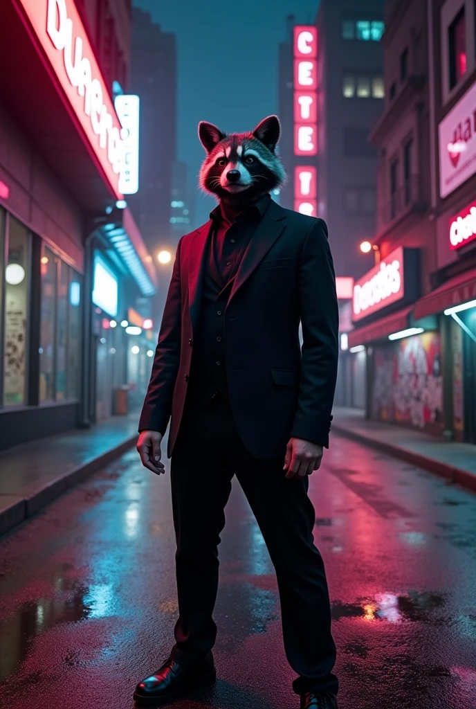 A GTA male character wearing a raccoon mask and a black suit