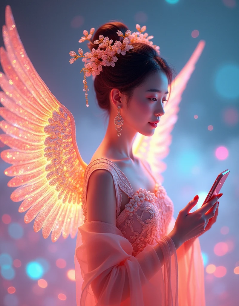 Three-dimensional ancient style, Vibrant Chinese aesthetics, Classical girl with angel wings, Holding a cell phone in his hand, whole body, Vibrant colors, sparkling, Using flash stone pattern, Translucent crystal material, Colorful gradient fluorescence, delicate, Light Wave, Tradition, Exquisite, Perfect composition, Ultra HD, crescent earrings, raised eyebrows, jeweled branch of hourai, forehead jewel, Hyperrealism, UHD, masterpiece, accurate, anatomically correct, textured skin, super detail, 8k