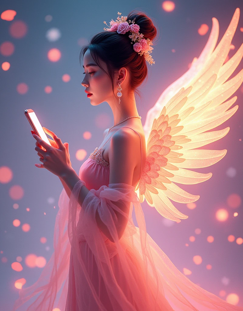 Three-dimensional ancient style, Vibrant Chinese aesthetics, Classical girl with angel wings, Holding a cell phone in his hand, whole body, Vibrant colors, sparkling, Using flash stone pattern, Translucent crystal material, Colorful gradient fluorescence, delicate, Light Wave, Tradition, Exquisite, Perfect composition, Ultra HD, crescent earrings, raised eyebrows, jeweled branch of hourai, forehead jewel, Hyperrealism, UHD, masterpiece, accurate, anatomically correct, textured skin, super detail, 8k