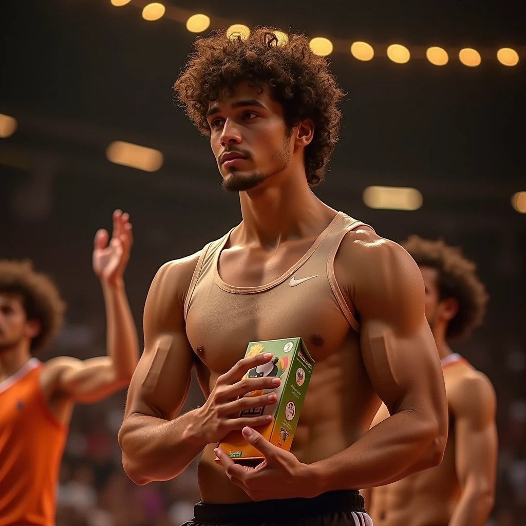 This is the I was generated picture from you. This boy is fitness influencer in Sri Lanka. He promote new WAM product and he hold it’s one of flavor mango flavor drink box. He has curly hair with tan skin and good height He had. And he in the musical show because new WAM product introduces within musical show. Now I need to he wear an arm cut long or any gym suit. Can you generate it. I need also these background and this boy appear. Don’t change it. Only change short arm cut to long arm cut.