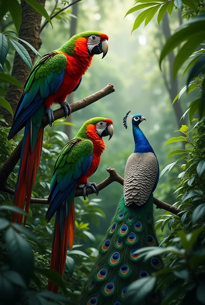 In a lush rainforest, a vibrant parrot perches on a branch, its colorful feathers standing out against the verdant backdrop. As it preens itself, it ponders the difficulties of standing out in a world full of bright and beautiful creatures. Meanwhile, a nearby peacock struts confidently, its iridescent plumage a symbol of its own unique struggles and triumphs.