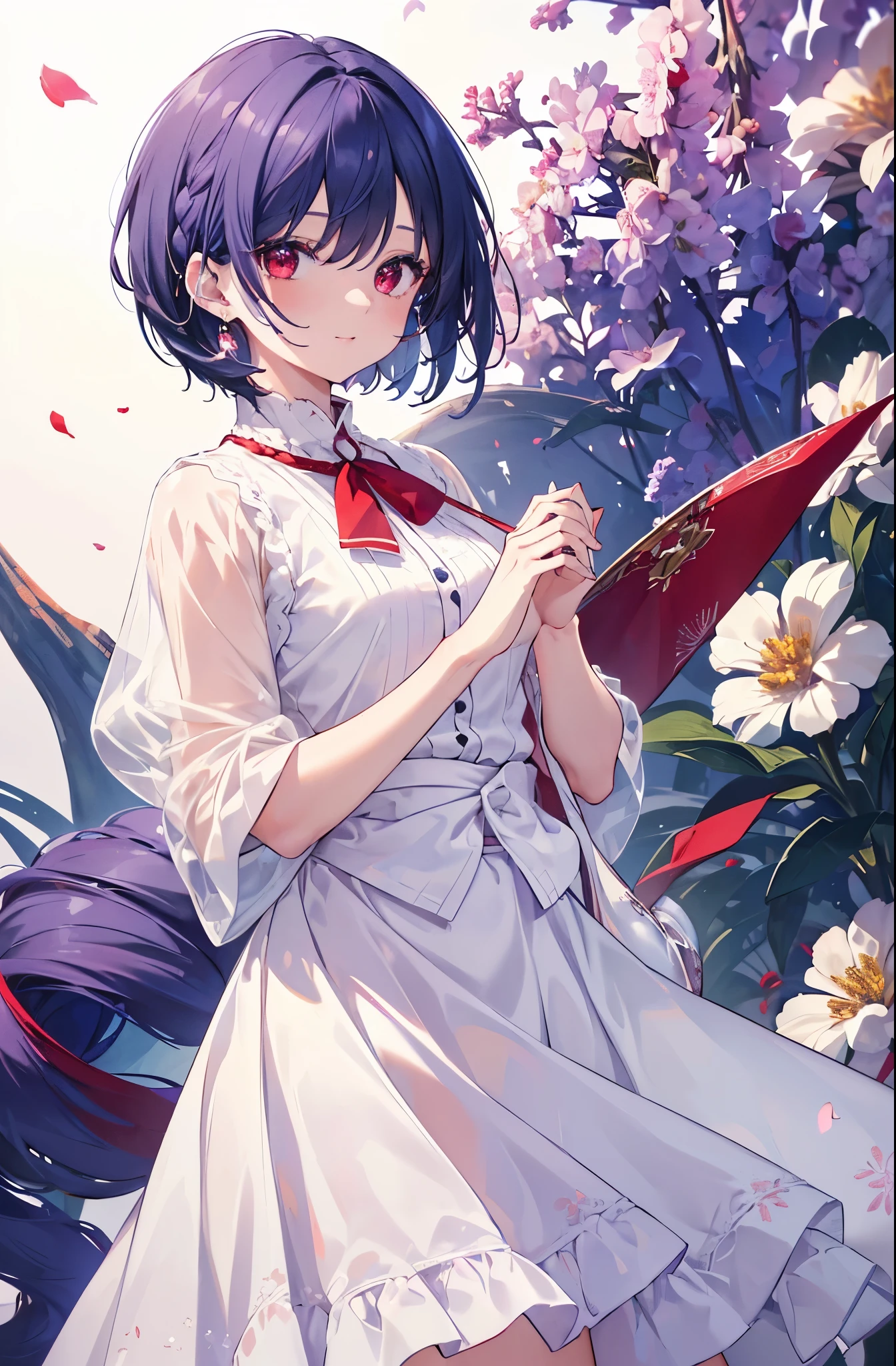{{masterpiece}}, The best quality of life, 超High resolution, Attention to detail, high quality, High resolution, 最high quality, 4K, 8k,Attention to detail,(((Perfect hands)))((short indigo hair、Deep blue short hair)Braided Hair) 、 Cute female, 、One woman、(((Crimson Eyes、Red eyes、Red　eyes、Beautiful attention to detail,A woman with beautiful eyes)))、Expressionless adult woman、((White background))、small but well-shaped breasts,、(((White floral shirt、Light purple skirt)))、standing smiling、Cute Smile、Small earrings