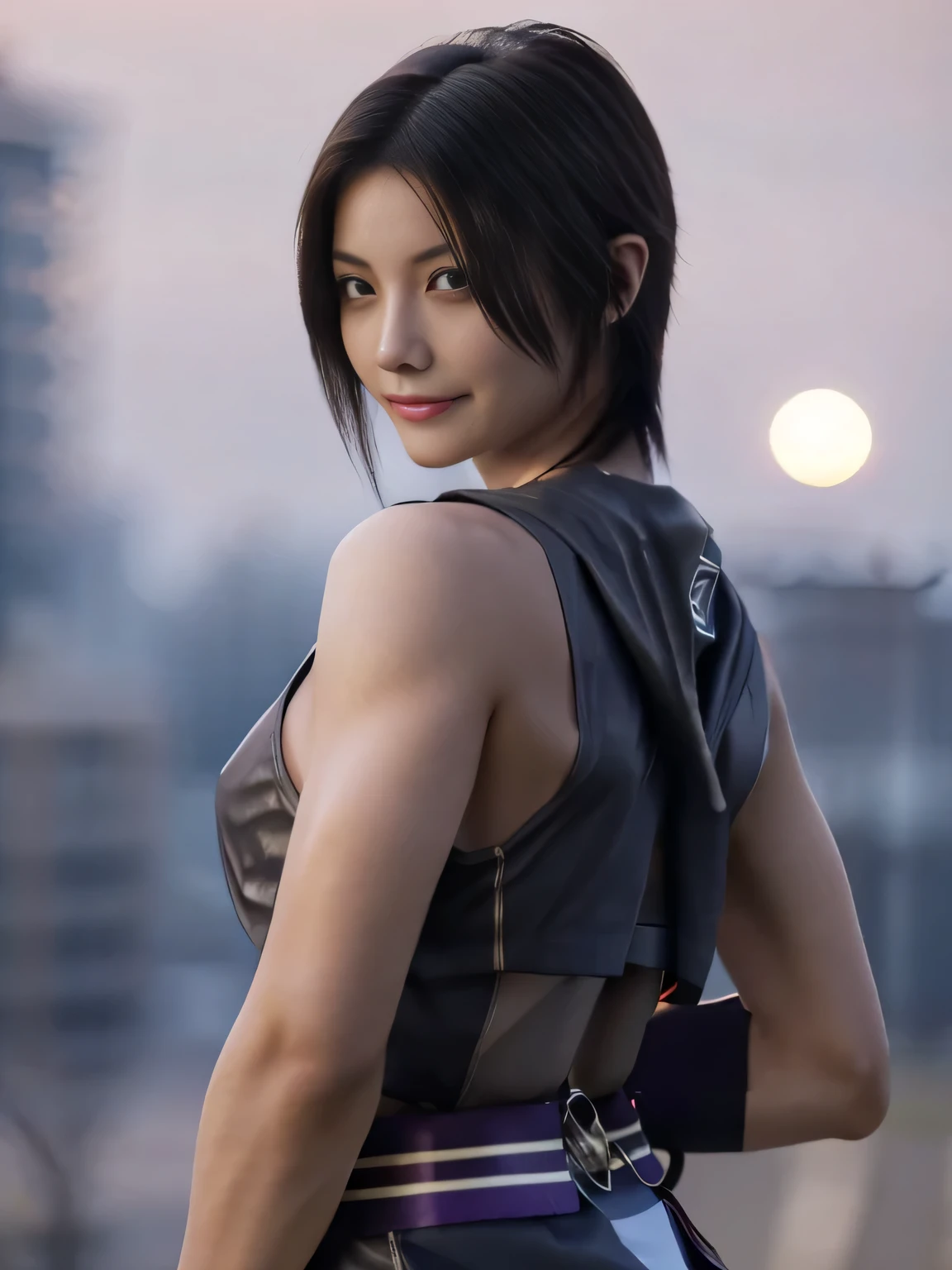 20 year old Japanese beauty，One woman、Muscular body like a bodybuilder、Emphasize the breasts、Slit eyes、A head-to-toe view，Bust is very very large、Full moon night in the background、High quality photos、Clear, crisp images of the lower body、Masterpiece 8k、Smiling、Throwing a shuriken with the right hand、From the front, from the side, from the back, etc.々from what camera angle to shoot、A ninja costume of purplish-red color