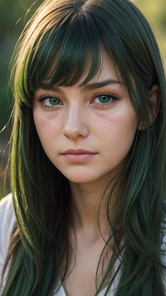 a girl. European. Extremely detailed face. Oval face. Delicate facial features. Half-closed eyes. Long straight hair. Messy hair. bangs. Green hair. Green eyes. Sad expression. Tears. Shy
