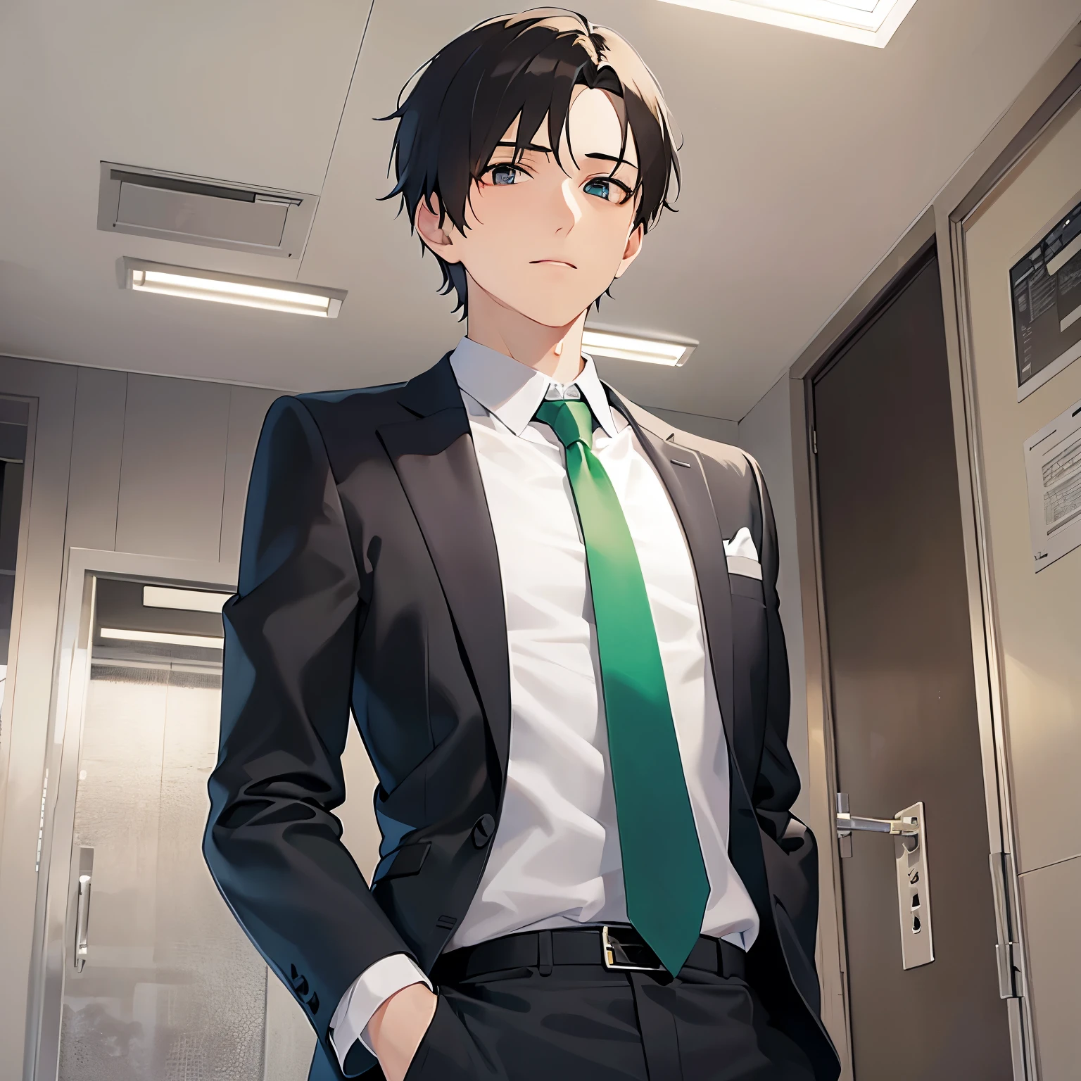 BREAK(25-year-old male:1.5) and (Brown short hair) and (Green Eyes)BREAK(looking away:1.5)Upper Body, Shooting from below、
shiny skin, masterpiece、Highest quality、
BREAK (Wearing a suit:1.5) and (Green tie:1.5)BREAK
worried,The background is the office entrance、(alone:1.5)